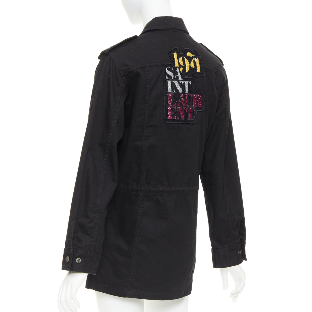 SAINT LAURENT 2018 black cotton ramie glitter logo safari jacket FR36 S