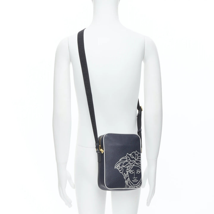 VERSACE Pop Medusa navy grey calf leather Greca crossbody messenger bag