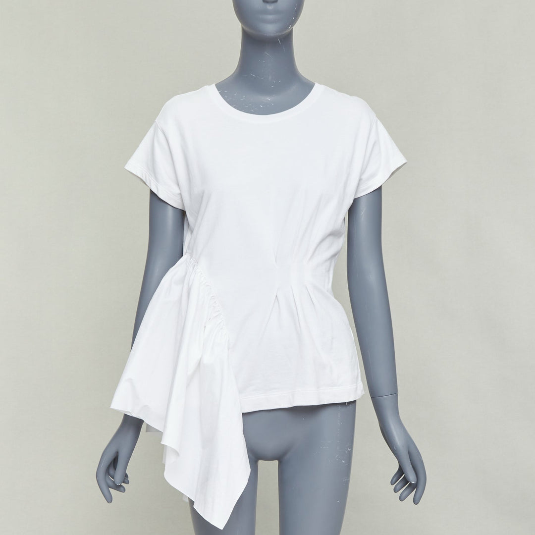 DRIES VAN NOTEN white cotton ruffle side ribbed neck fitted tshirt XS