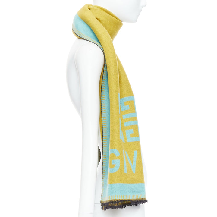 GIVENCHY mustard mint green wooly black fringe big logo long scarf