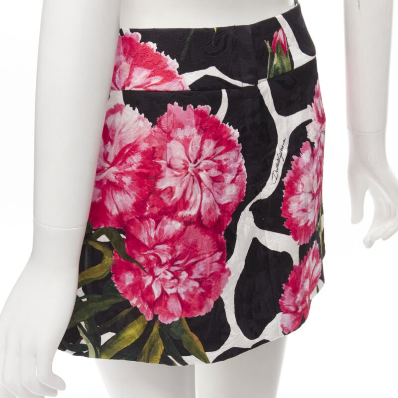 DOLCE GABBANA black pink carnation floral print jacquard mini skirt IT38 XS