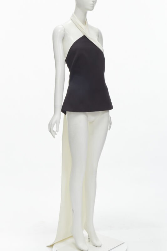 SAFIYAA black white pleated asymmetrical halter train top black flared pant UK12