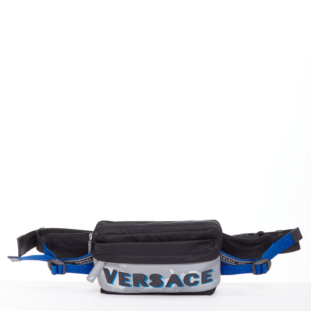 VERSACE reflective logo black nylon Greca strap crossbody belt waist bag