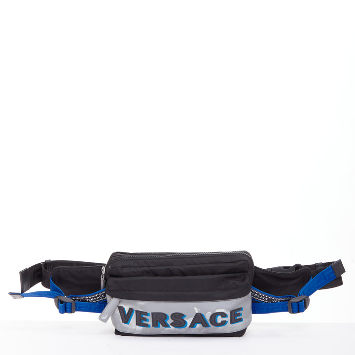 VERSACE reflective logo black nylon Greca strap crossbody belt waist bag