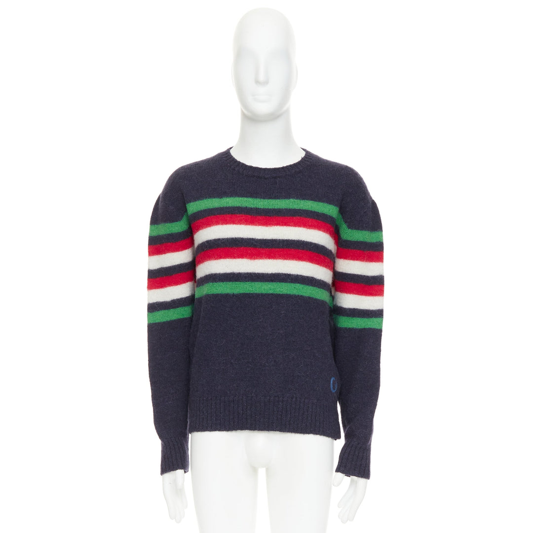 GUCCI navy green red striped embroidered logo crew sweater