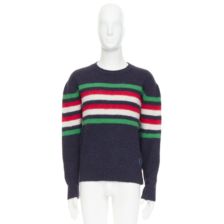 GUCCI navy green red striped embroidered logo crew sweater