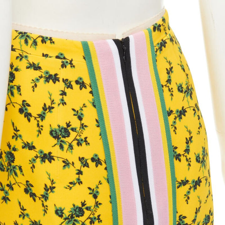 NO 21 yellow green leaf print contrast pink band pencil skirt IT38 XS