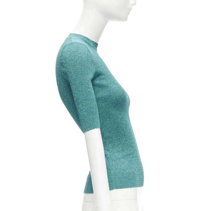 SAINT LAURENT turquoise blue metallic lurex lattice seam knitted top S