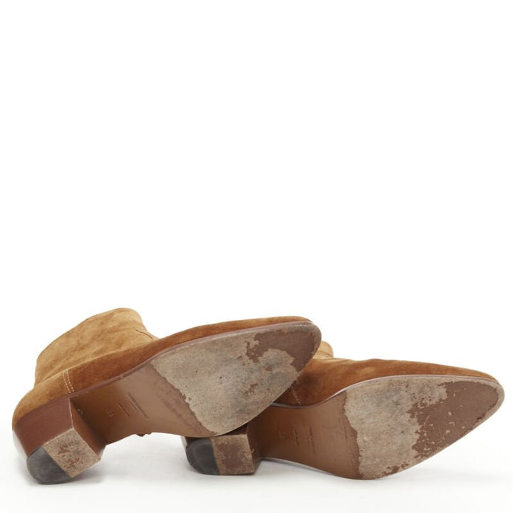 SAINT LAURENT Wyatt tan brown suede almond toe cuban bootie EU38