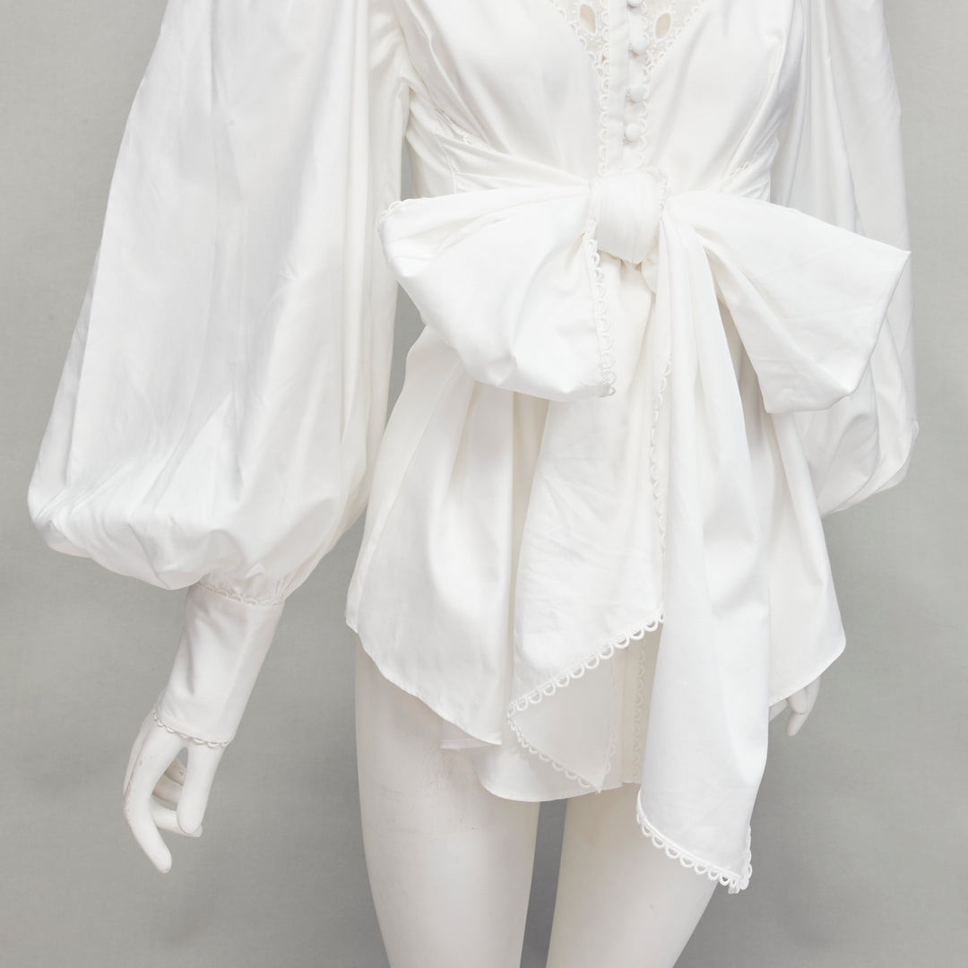 ACLER white cotton eyelet cutout big bow puff sleeve blouse US2 S