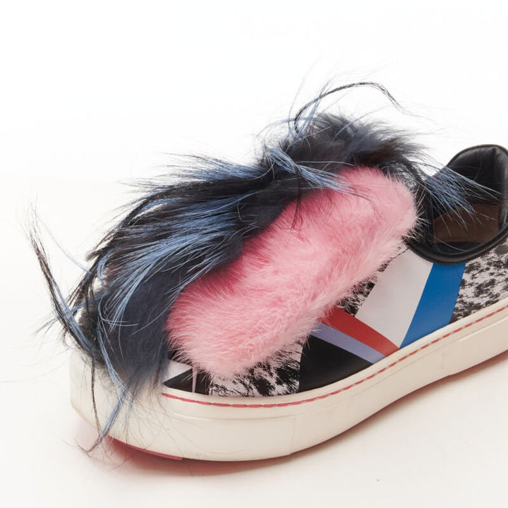 FENDI Flynn pink mohawk fur panel printed leather low top sneaker EU37