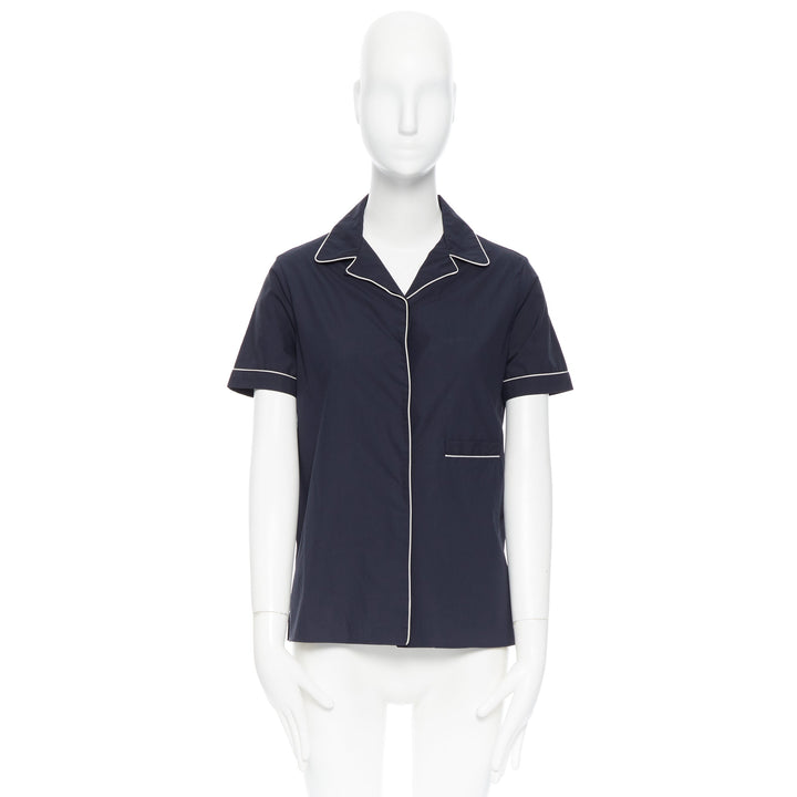 JIL SANDER navy blue cotton cuban shirt notch collar pipe short sleeves FR34