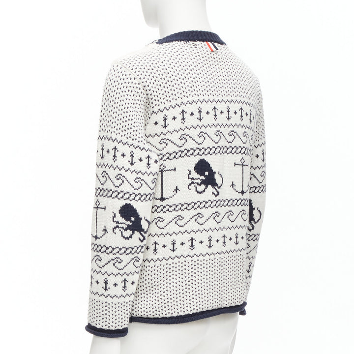 THOM BROWNE off white navy nautical octopus intarsia  ringer sweater SZ.3 L