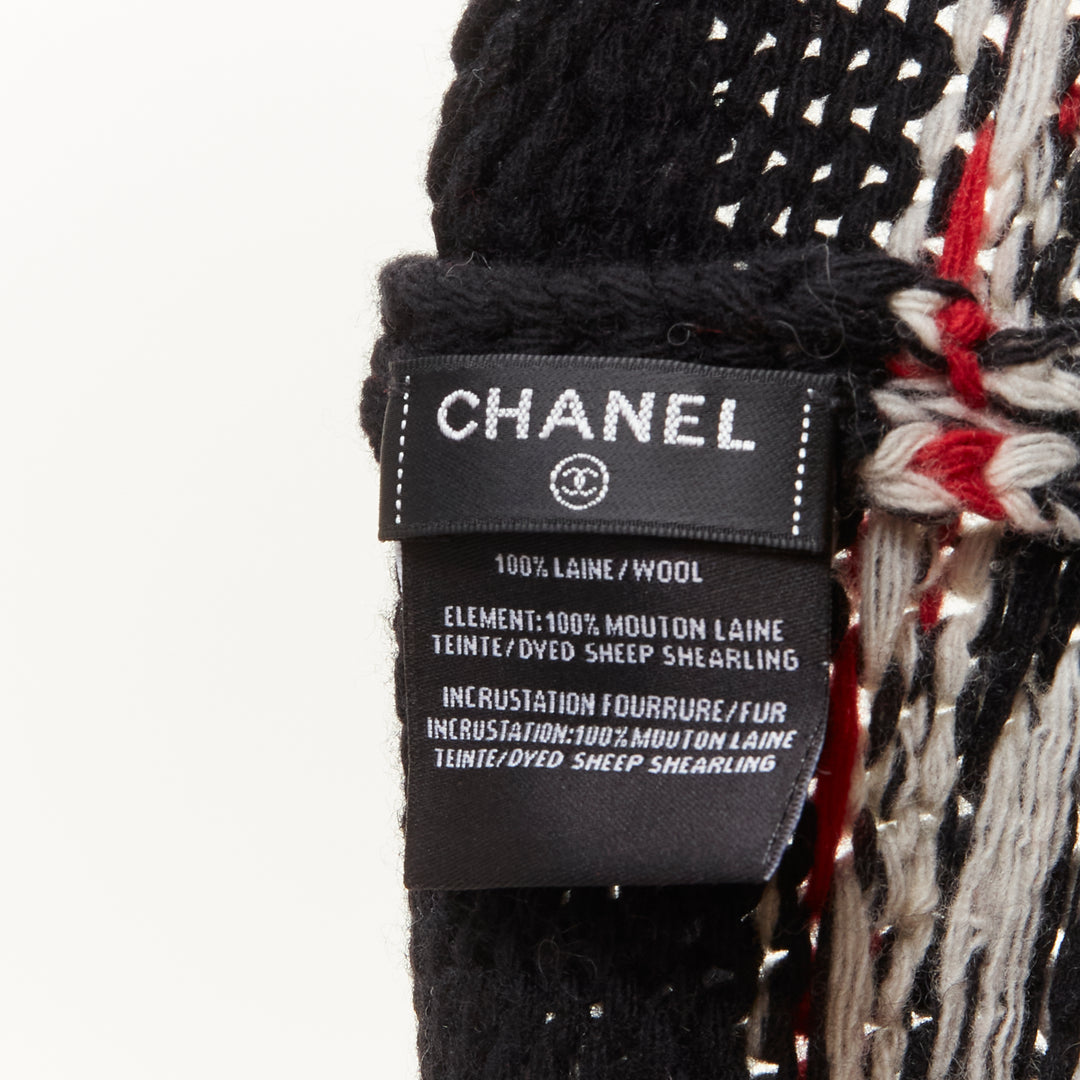 CHANEL 100% wool white CC logo pom pom black red intarsia beanie hat