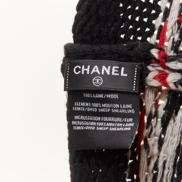 CHANEL 100% wool white CC logo pom pom black red intarsia beanie hat