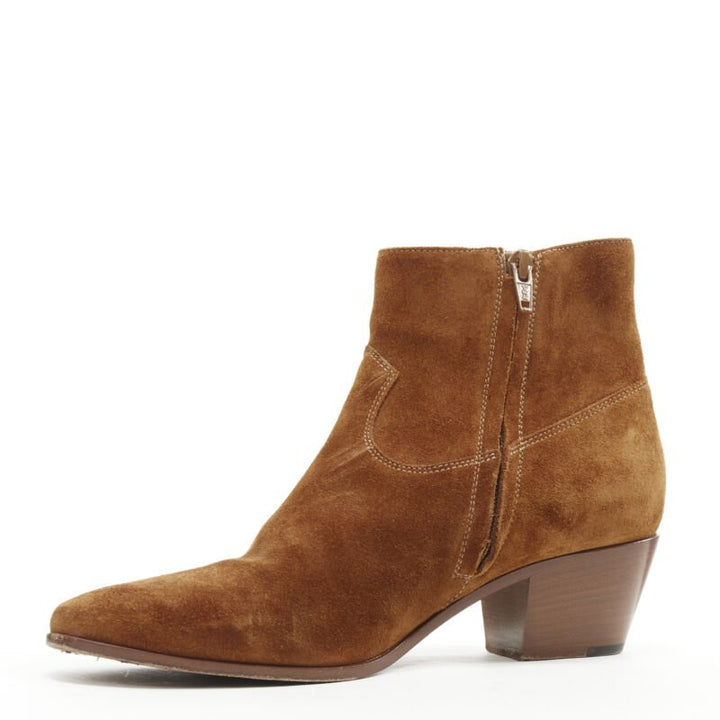SAINT LAURENT Wyatt tan brown suede almond toe cuban bootie EU38