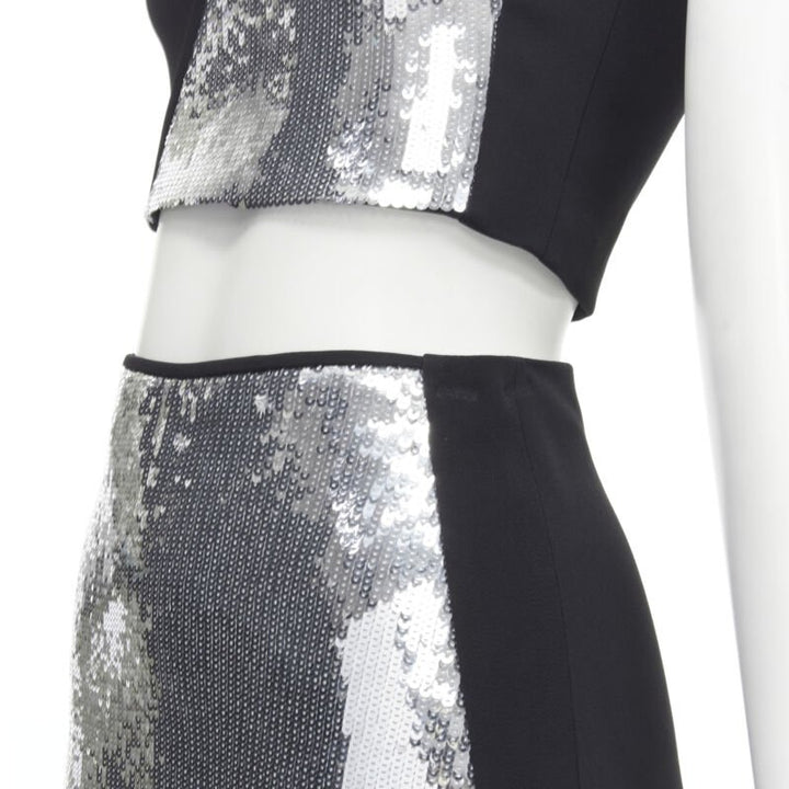 DAVID KOMA silver sequins midriff crop top asymmetric high slit skirt set UK6 XS