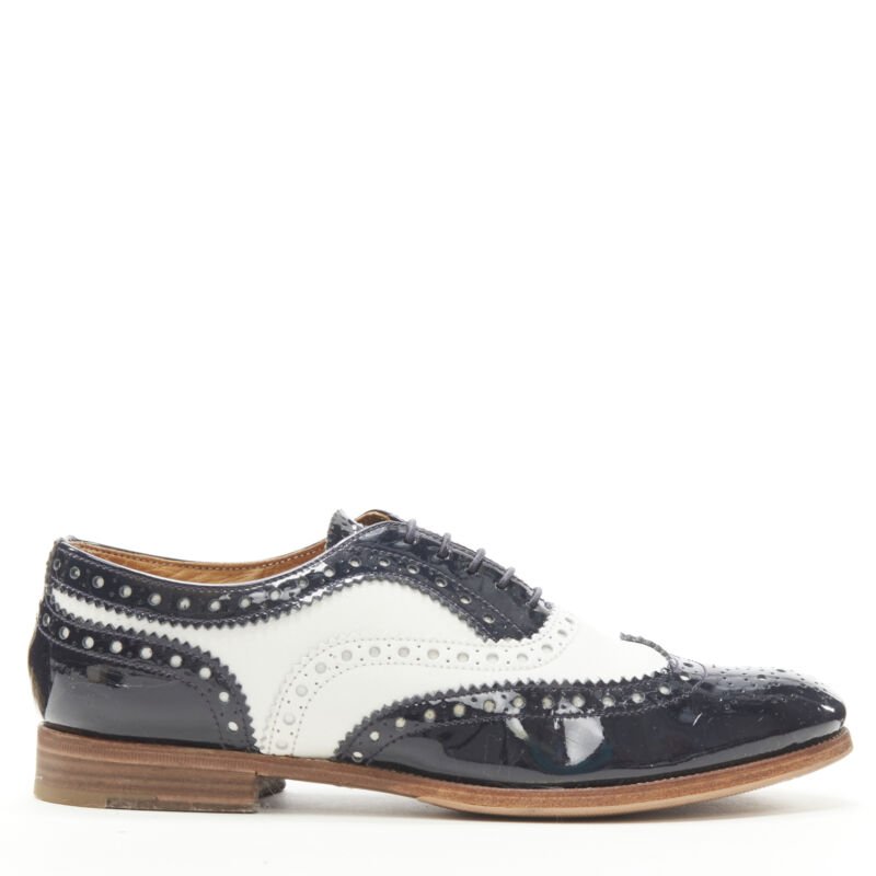 CHURCH'S Burwood black patent white perforated leather brogue EU36