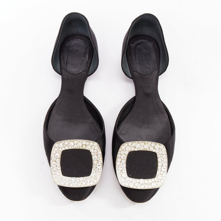 ROGER VIVIER Chips Strass black satin crystal buckle dorsay flats EU35