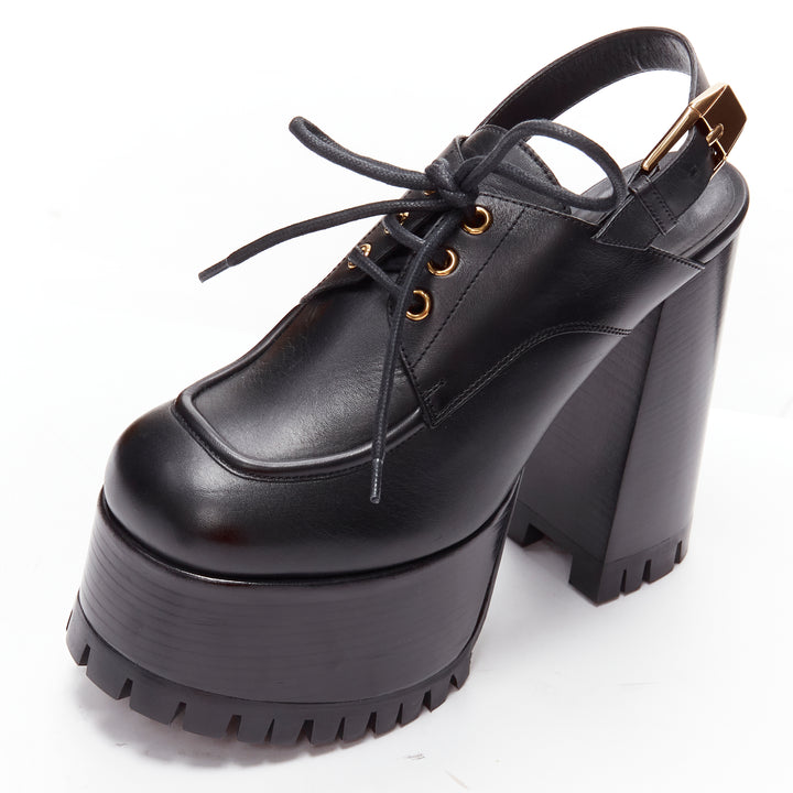 VERSACE black gold buckle sling back black 130mm platform loafer EU37