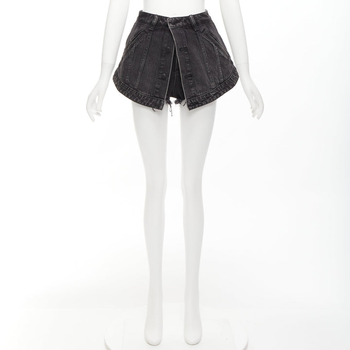 ALEXANDER WANG black washed cotton layered skort high waist cutaway shorts 25"
