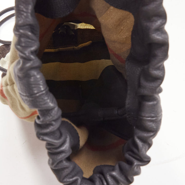 BURBERRY Hous eCheck brown jute cotton black leather trim sling backpack
