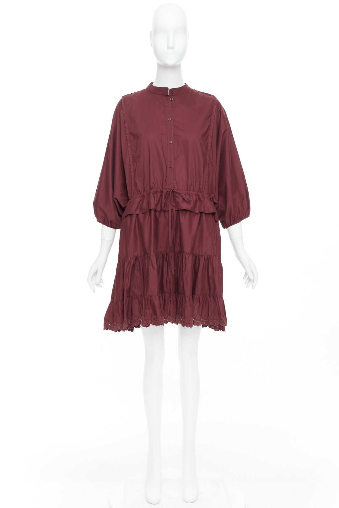 SEE BY CHLOE 616 smoked red cotton SBC scallop trim shirt dress FR40 L