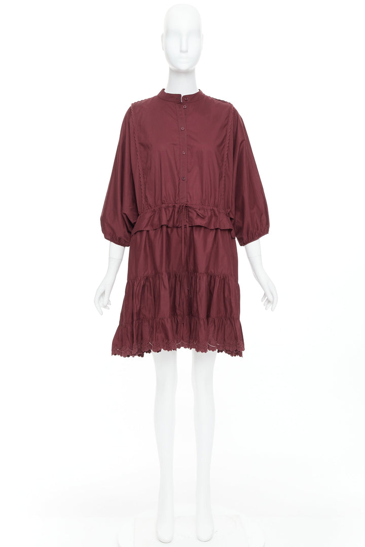 SEE BY CHLOE 616 smoked red cotton SBC scallop trim shirt dress FR40 L