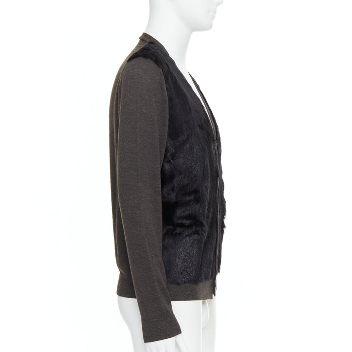 LANVIN black brown 100% alpaca fur front panel cardigan jacket M