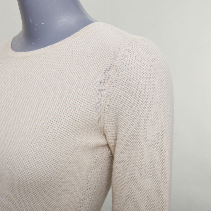 LORO PIANA 100% cashmere beige fine waffle knit crew neck sweater IT38 XS