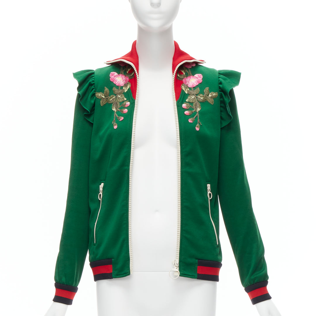 GUCCI Alessandro Michele green pink floral applique ruffled track jacket XS