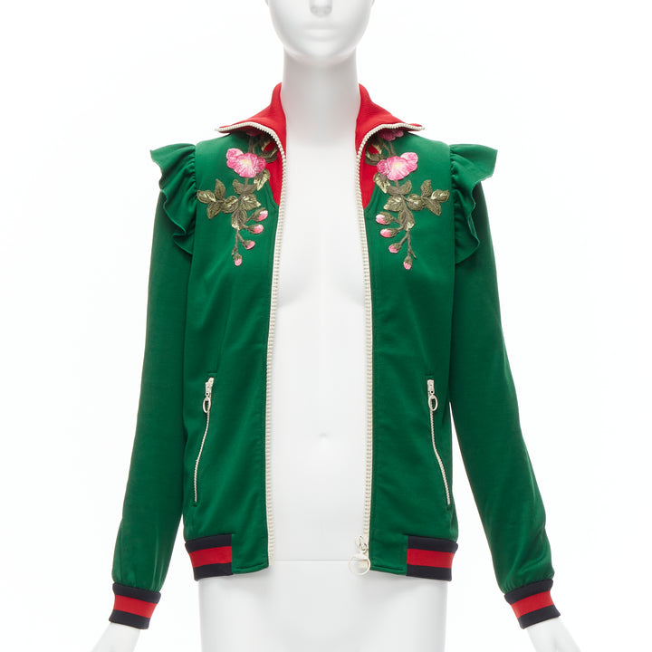 GUCCI Alessandro Michele green pink floral applique ruffled track jacket XS