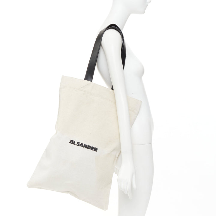 JIL SANDER Logo Print Canvas Long Tote beige canvas black leather trim bag
