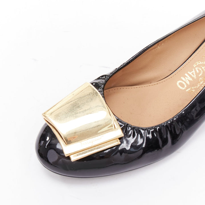 SALVATORE FERRAGAMO gold big buckle black patent leather wedges 6.5