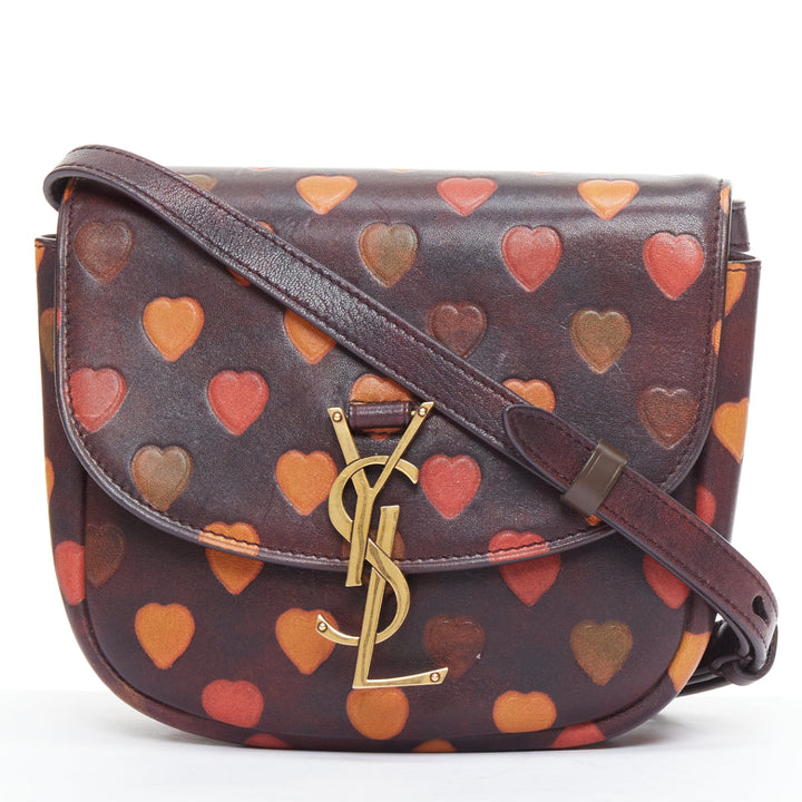 SAINT LAURENT Kaia brown heart embossed print YSL crossbody bag