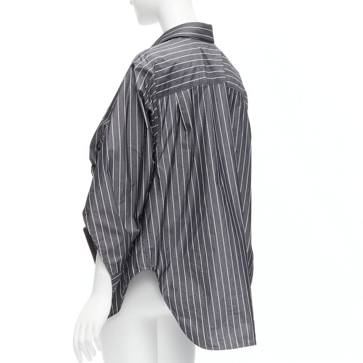 BALENCIAGA Wardrobe Demna 2021 grey pinstripe logo deconstructed shirt FR34 XS