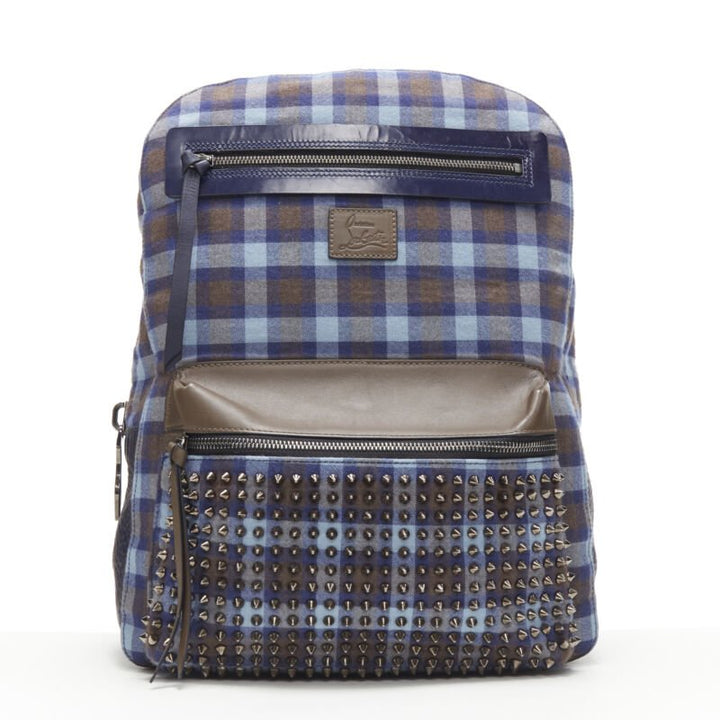 CHRISTIAN LOUBOUTIN Backloubi blue brown gingham check spike stud backpack bag