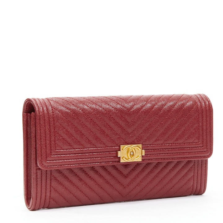CHANEL Boy chevron red caviar gold CC logo flap long wallet