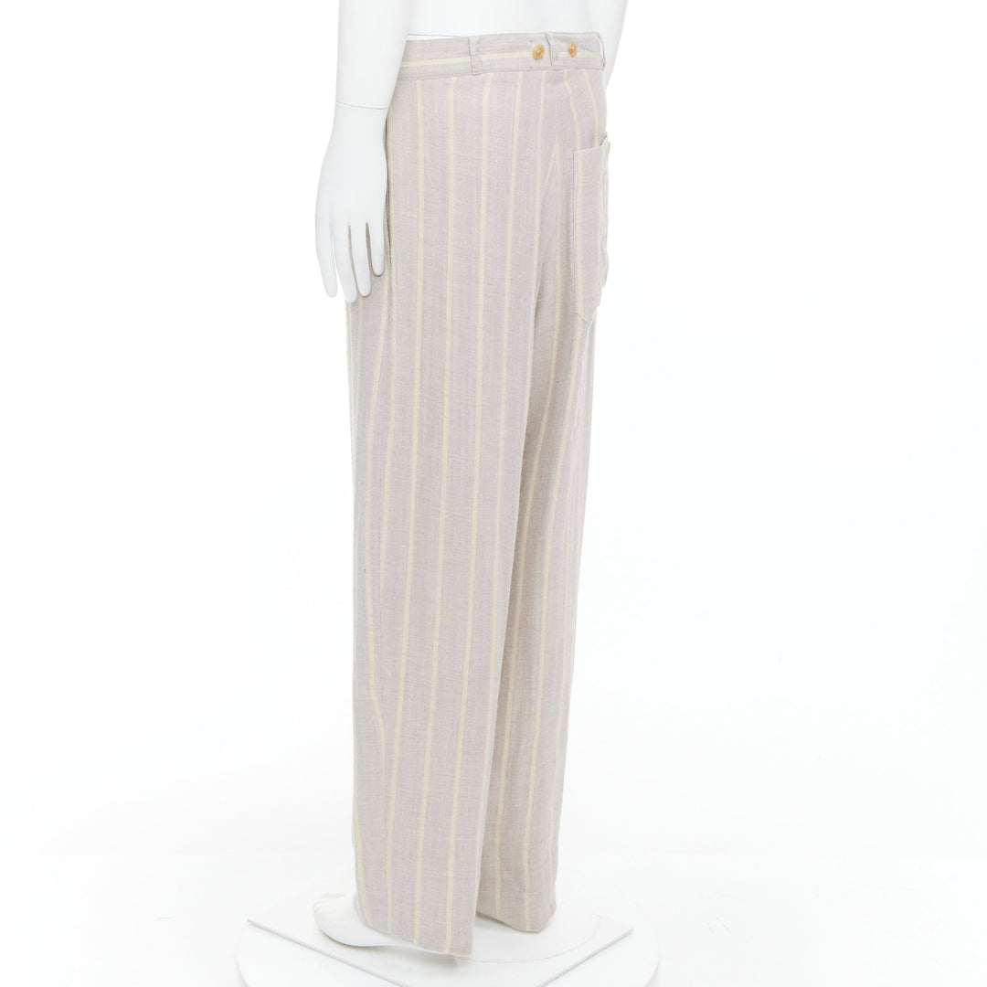 YOHJI YAMAMOTO grey yellow striped rayon linen button waist wide pants M