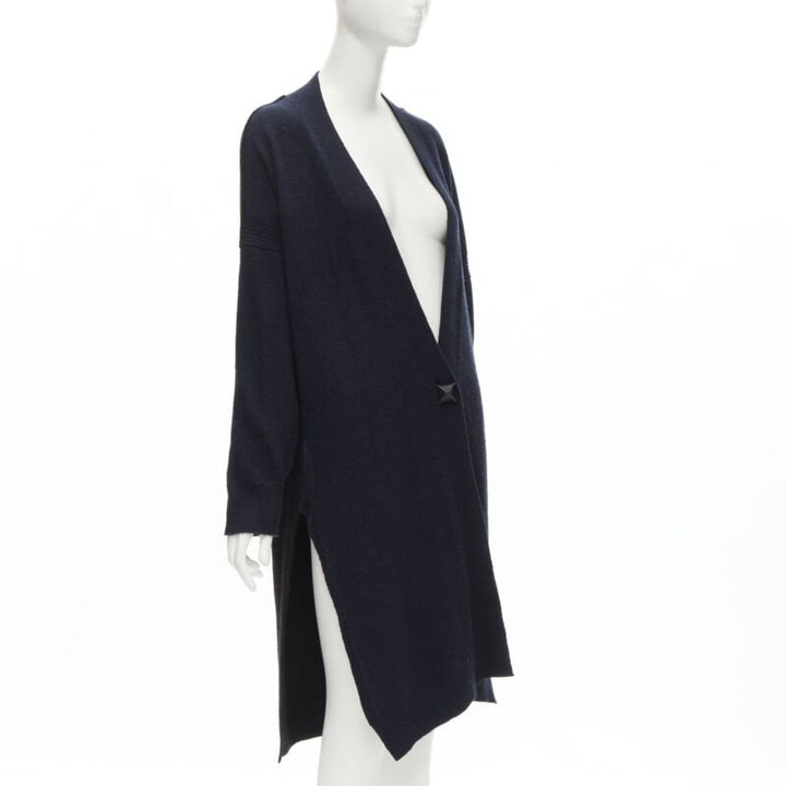 HERMES 100% cashmere Medor leather button navy black long line cardigan FR36 XS