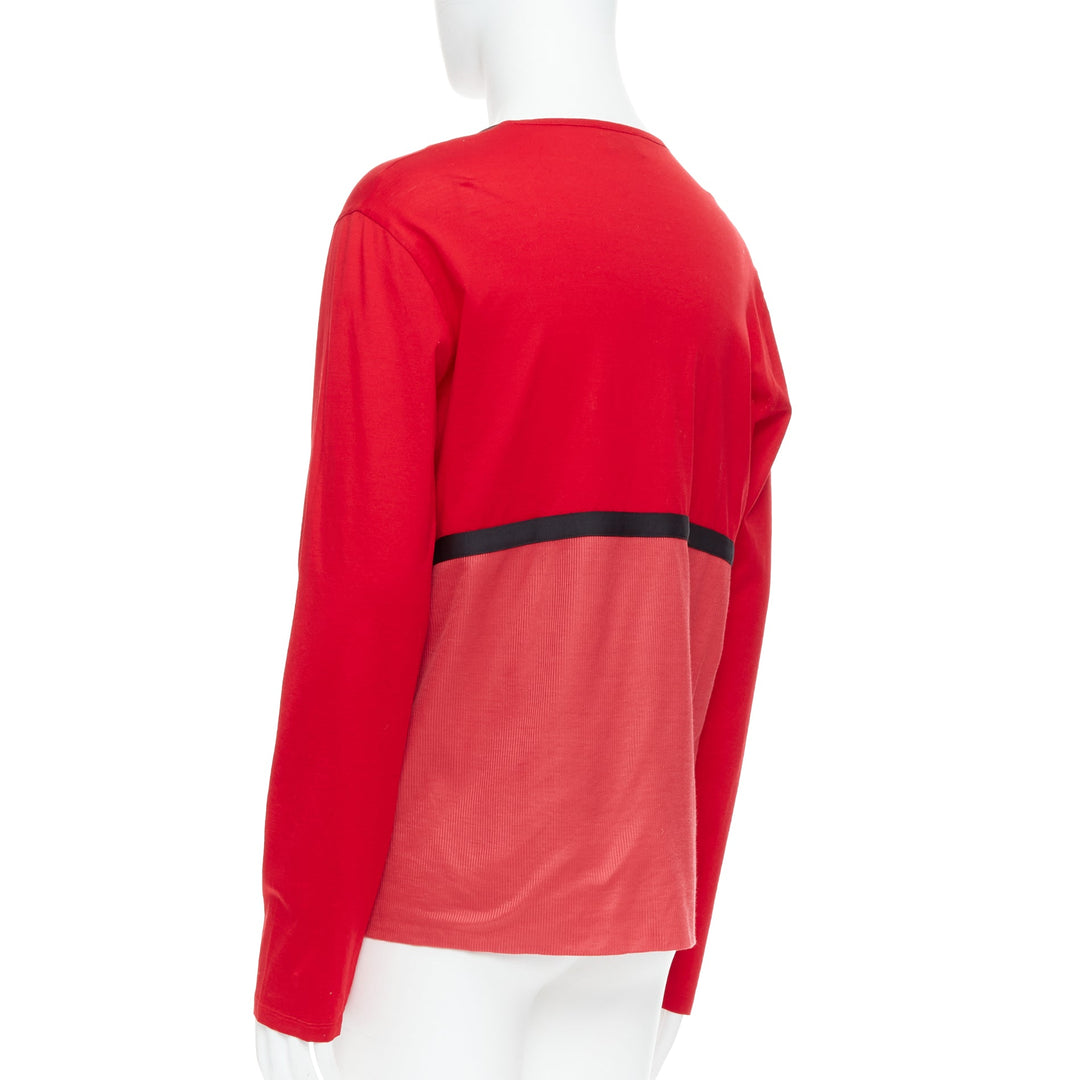BALENCIAGA 2012 red cotton blend black trim V-neck long sleeve top XL
