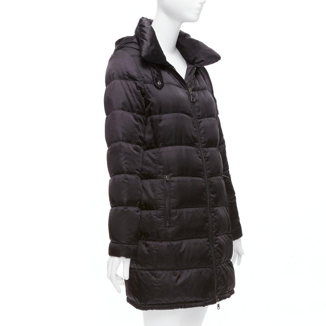 PRADA 2010 black shiny nylon hooded quilted long sleeve puffer coat IT42 M