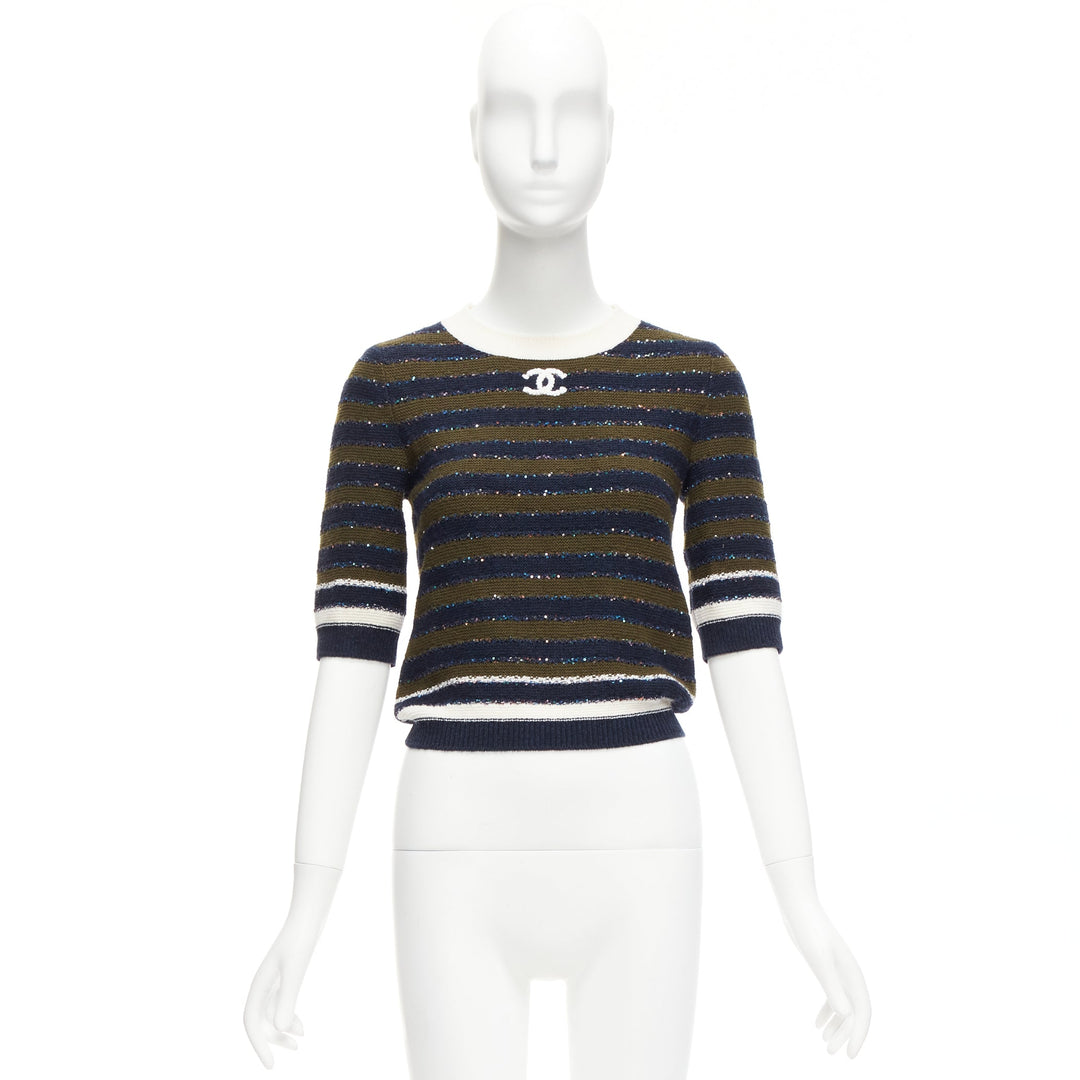 CHANEL 20C navy khaki sequin cashmere blend CC logo stripe crop sweater FR34 XXS