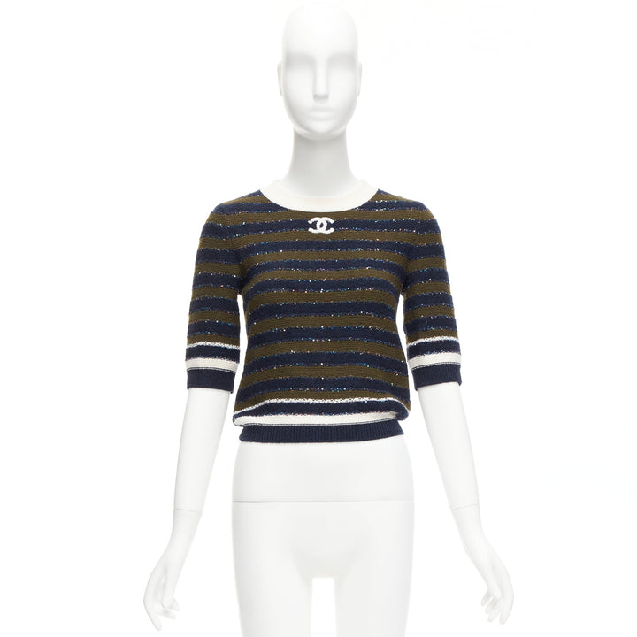 CHANEL 20C navy khaki sequin cashmere blend CC logo stripe crop sweater FR34 XXS
