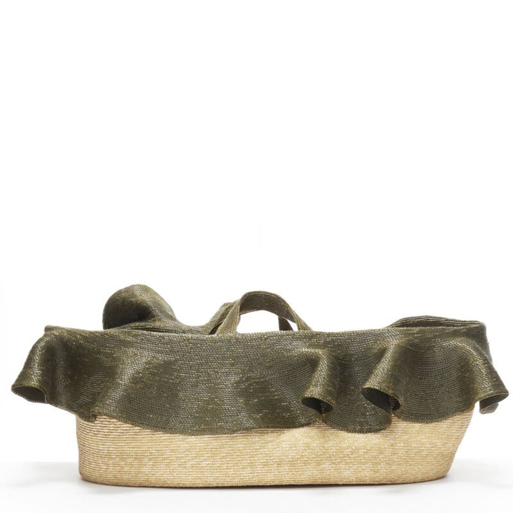 Runway ROSIE ASSOULIN Oversized East West green ruffle raffia basket bag