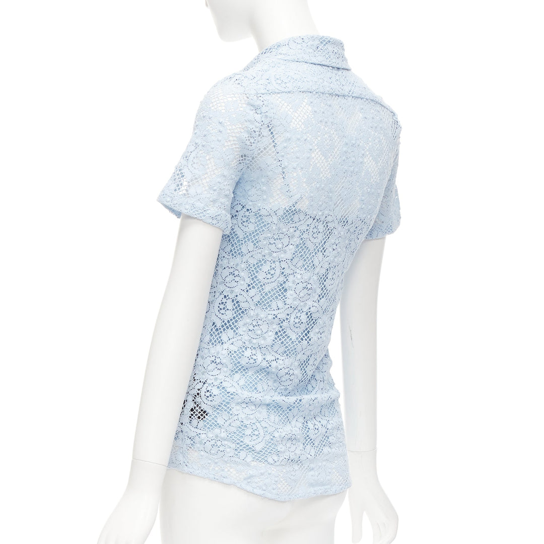 BURBERRY 2014 Runway baby blue floral lace short sleeve dress shirt IT36 XXS