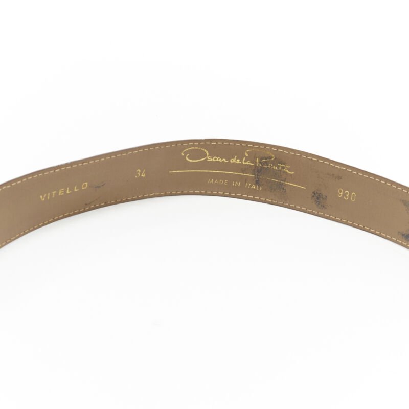 OSCAR DE LA RENTA brown stamped mock croc gold logo buckle belt 32"-36"