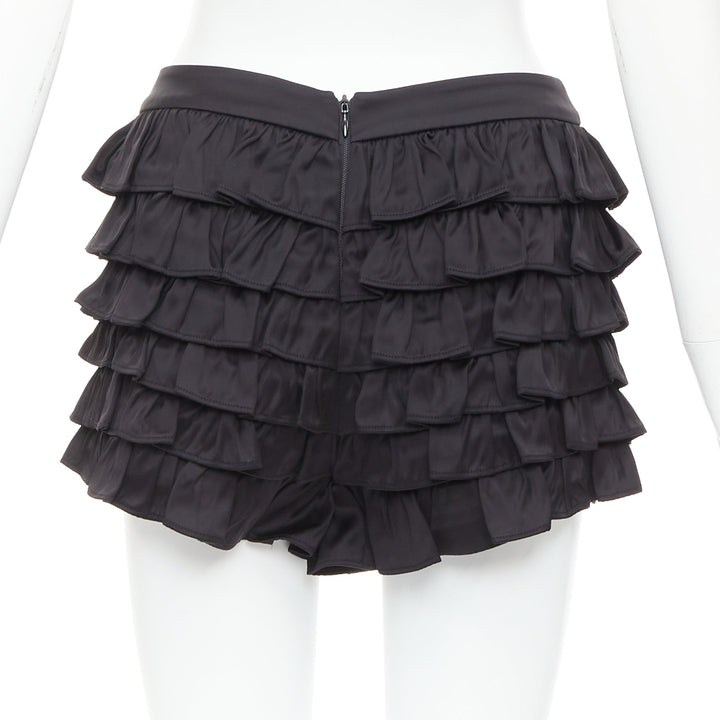SHUSHU TONG black viscose ruffle tiered crystal bow mini shorts UK6 XS