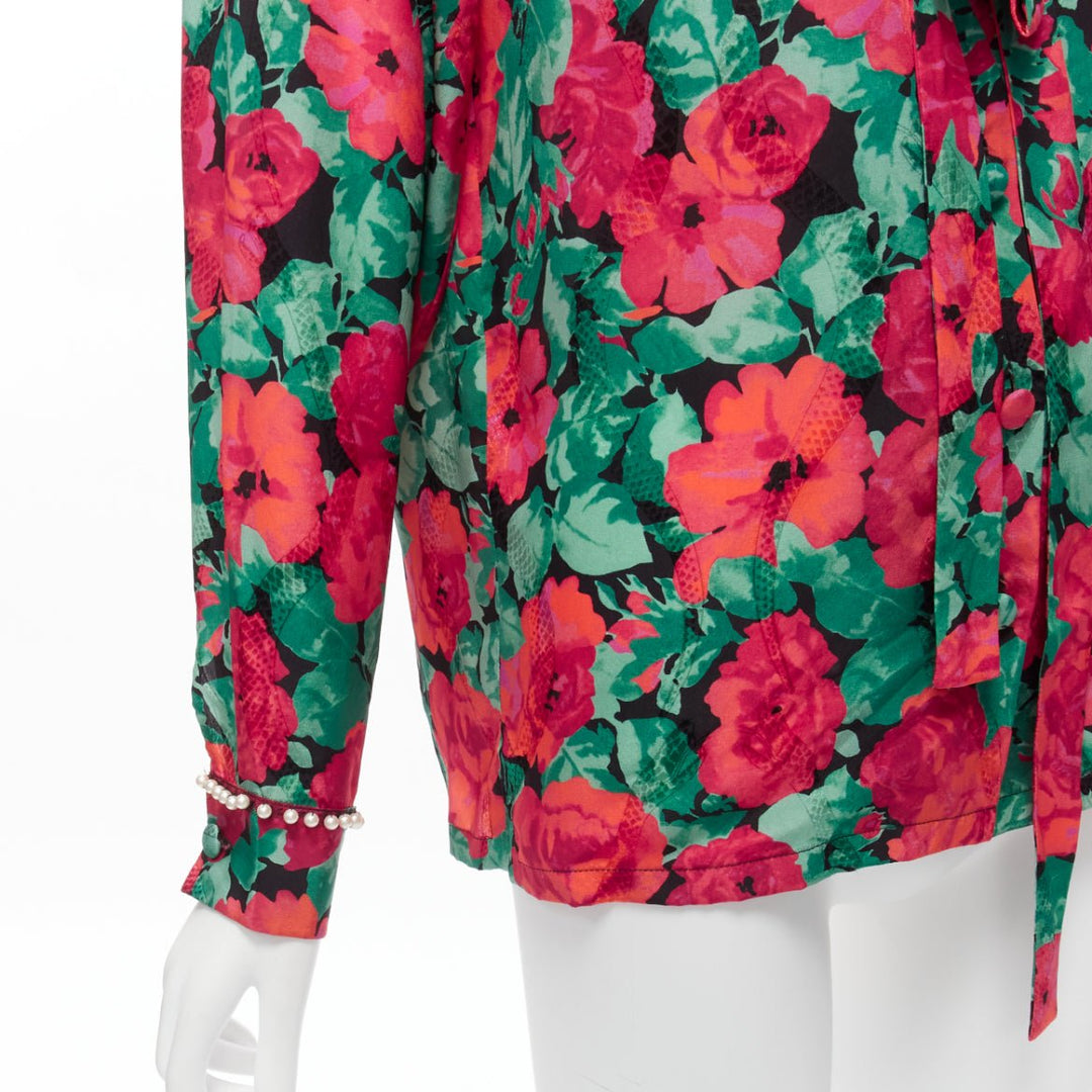 GUCCI ALESSANDRO MICHELE 2016 red green floral GG pearl bow silk shirt IT38 XS