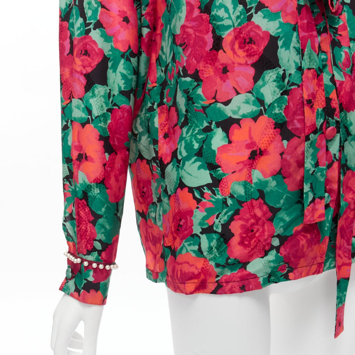 GUCCI ALESSANDRO MICHELE 2016 red green floral GG pearl bow silk shirt IT38 XS